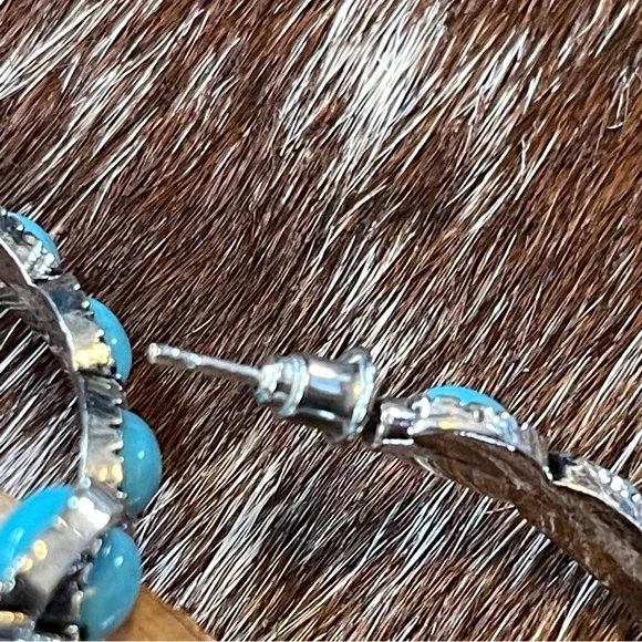 Turquoise‎ & Silver Large Hoop Earrings with Long Post for Western and Boho - Picture 6 of 9
